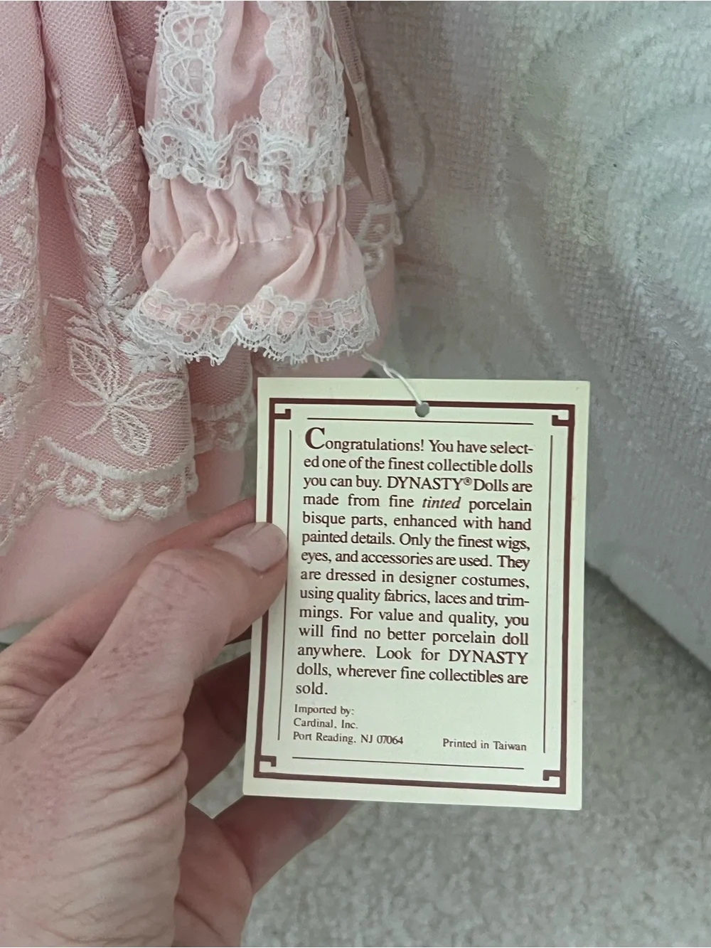 Vintage Dynasty Doll Collection Porcelain Doll Pink Lace Dress & Bonnet with Box